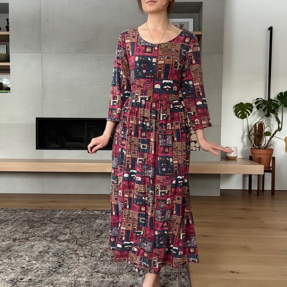 April Cornell Burgundy Patchwork Print Long Sleeve Maxi Dress - Picture 3 of 17